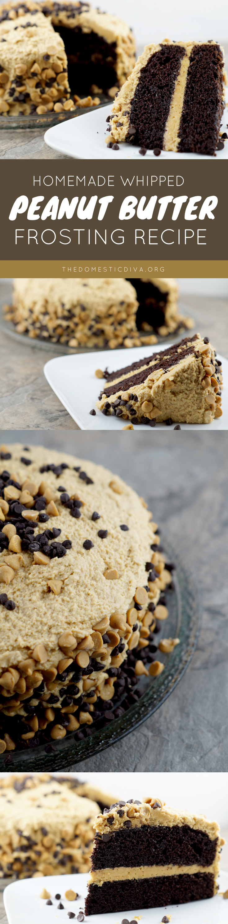 Chocolate Layered Cake with Homemade Whipped Peanut Butter Frosting Recipe: Dark Chocolate layered cake with creamy peanut butter frosting topped with morsels of peanut butter and chocolate chips. #recipe #homemade #frosting #peanutbutter