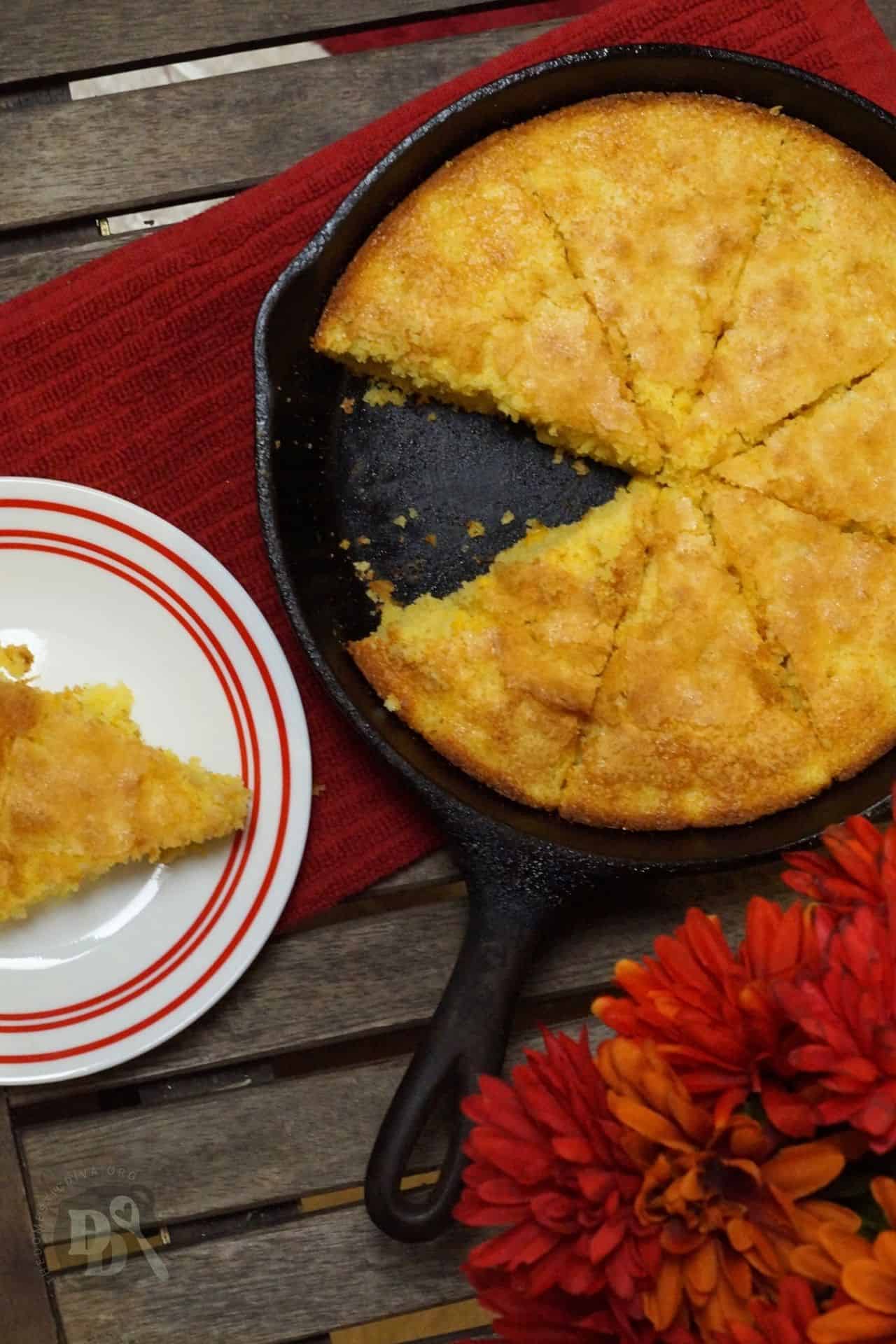 Sweet Southern Cornbread Recipe with Corn in Cast Iron Skillet